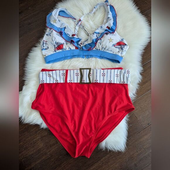 Bundle! Unique Vintage White & Blue Red Nautical Print Ruffle Swim Bikini 2X - Picture 1 of 8